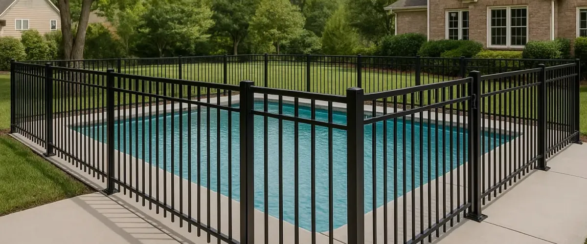 Secure black metal fence enclosing a backyard swimming pool Secure black metal fence enclosing a backyard swimming pool
