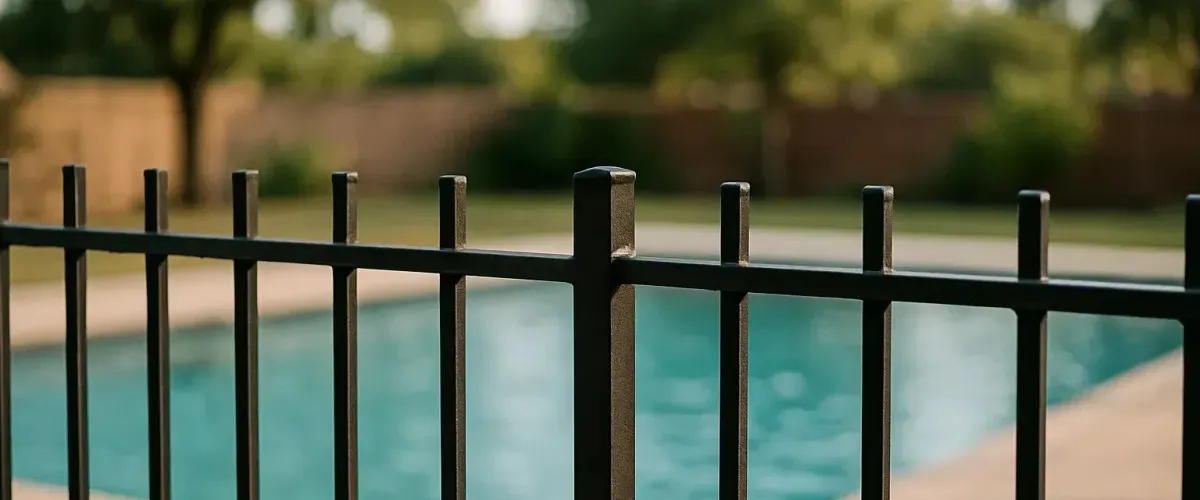 Close-up view of black metal pool safety fence with blurred pool in background Close-up view of black metal pool safety fence with blurred pool in background