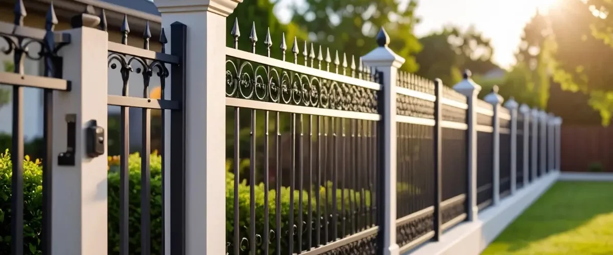 Residential black metal fence enclosing a front yard with garden landscaping Residential black metal fence enclosing a front yard with garden landscaping