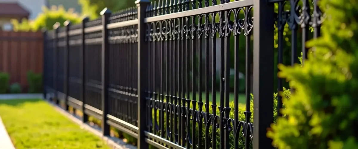 Black ornamental aluminum fence installed along a landscaped residential yard Black ornamental aluminum fence installed along a landscaped residential yard
