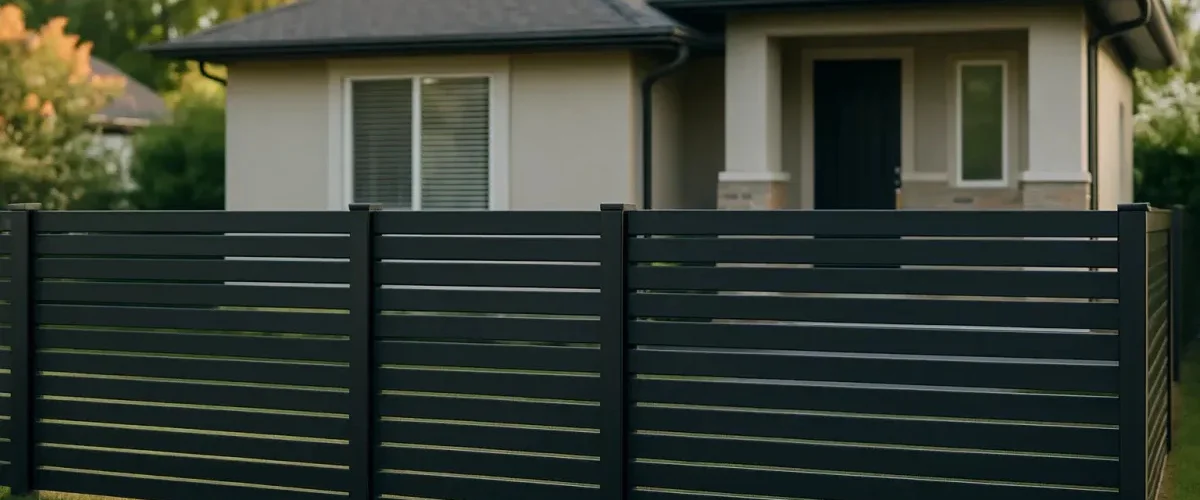 Modern black horizontal privacy fence enclosing a residential property Modern black horizontal privacy fence enclosing a residential property