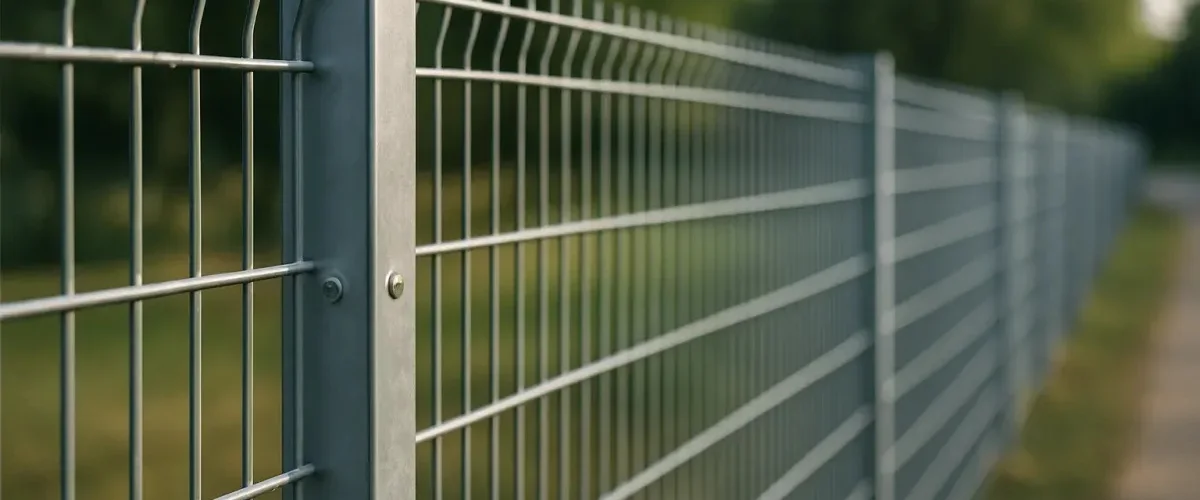 Close-up of welded wire metal fence with galvanized steel posts Close-up of welded wire metal fence with galvanized steel posts