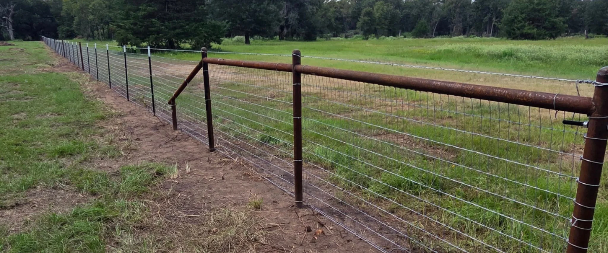 Rustic wire farm fence running along grassy field Rustic wire farm fence running along grassy field