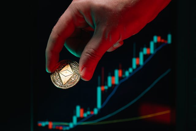 Hand holding cryptocurrency with upward trending financial charts representing present value investment decisions for Australian investors