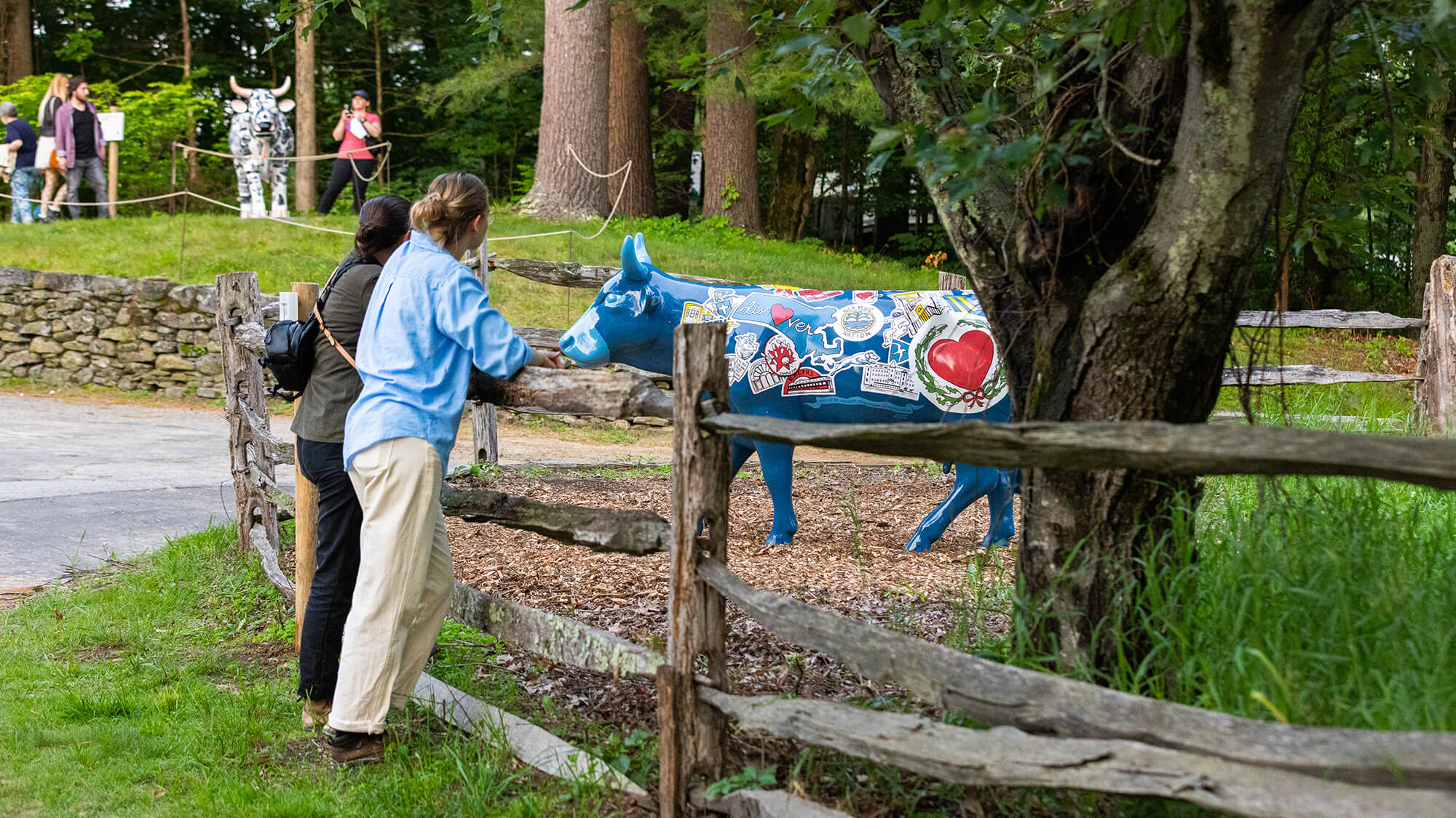 Guests look at a cow sculpture covered with symbols of Worcester, MA