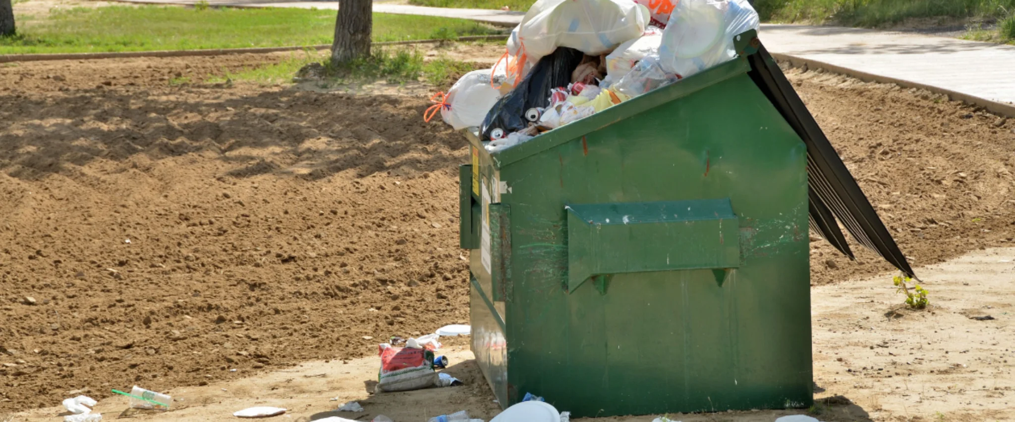Overflowing green dumpster with garbage and loose trash around it.