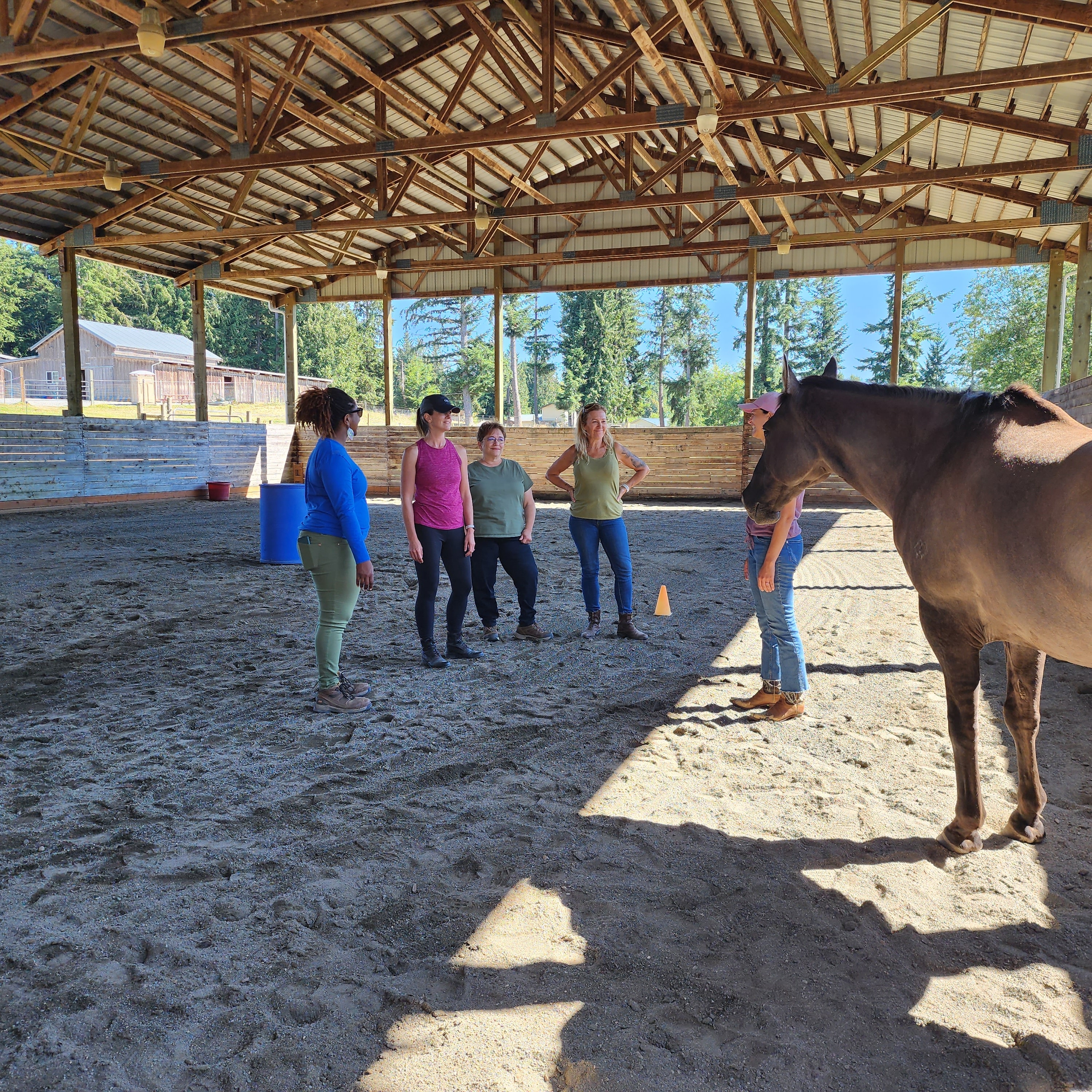 group standing with horse in arena