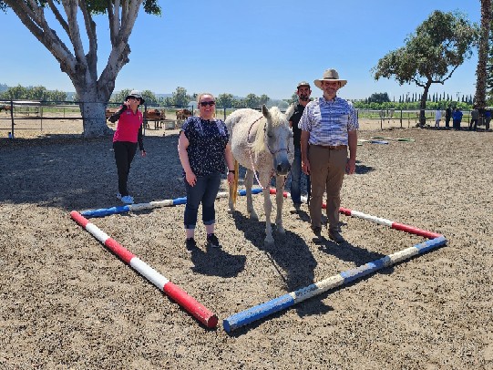 group standing with horse in outdoor arena
