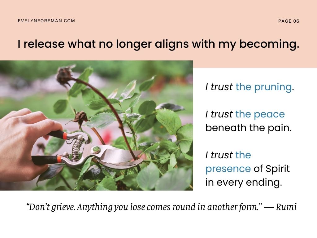 Hands pruning a green plant with caption: Sometimes the things that keep us from peace still look alive Hands pruning a green plant with caption: Sometimes the things that keep us from peace still look alive