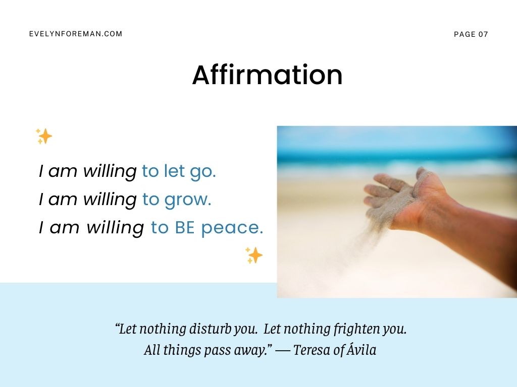 Spiritual affirmation with sand slipping through fingers: I am willing to let go. I am willing to be peace. Spiritual affirmation with sand slipping through fingers: I am willing to let go. I am willing to be peace.
