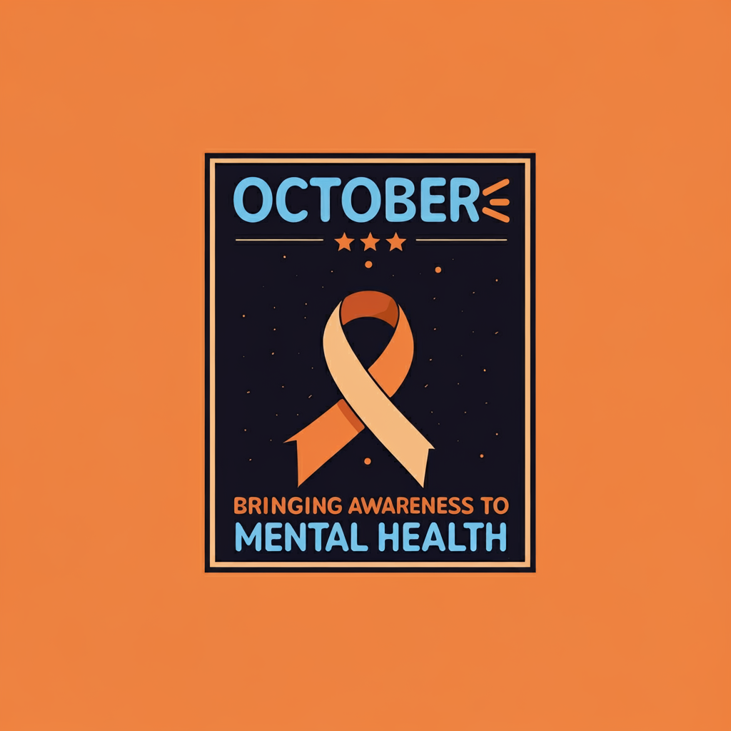 An orange and black background, with an orange ribbon with the words "October: Brining awareness to mental health" An orange and black background, with an orange ribbon with the words "October: Brining awareness to mental health"