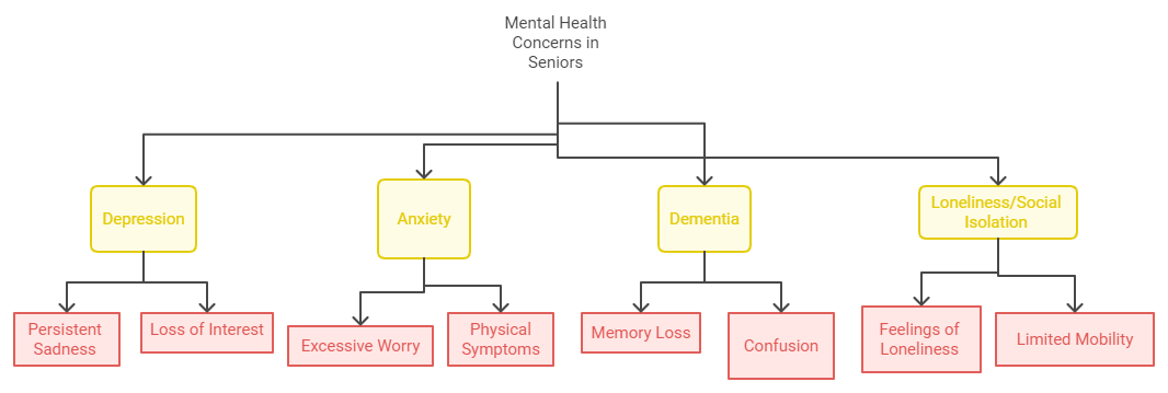 Diagram picturing the detrimental impacts of mental health in seniors. Diagram picturing the detrimental impacts of mental health in seniors.