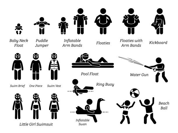 Illustration cliparts of baby, toddler, and children swimming product.