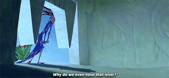 "a woman walks through a door with an alligator biting her saying why do we even have that lever"