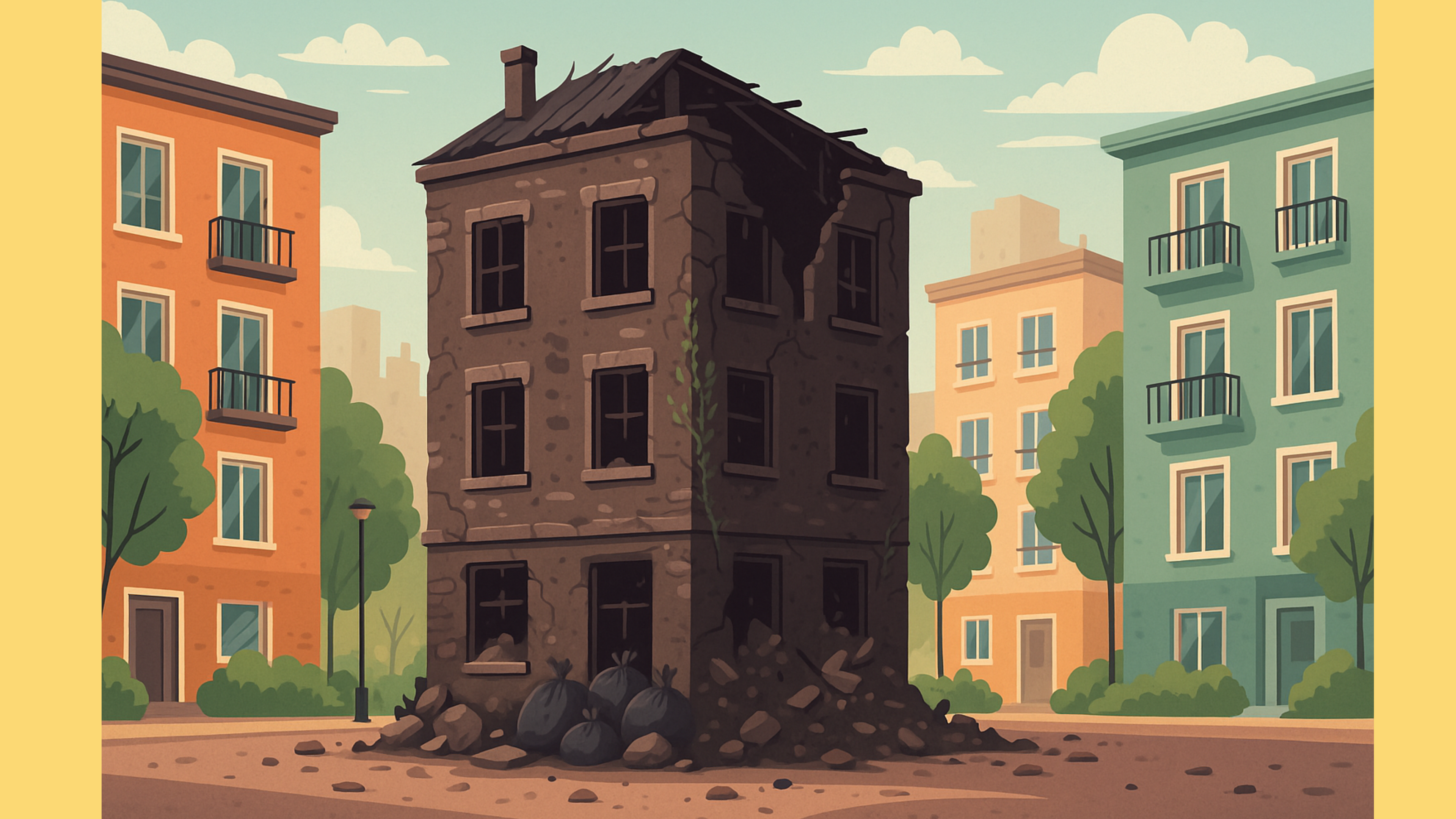 A digital illustration showing a row of modern, vibrant buildings next to one decaying, abandoned structure, symbolizing how senescent cells damage healthy tissues. A digital illustration showing a row of modern, vibrant buildings next to one decaying, abandoned structure, symbolizing how senescent cells damage healthy tissues.