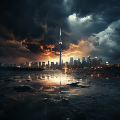 Dark clouds looming over a Canadian city's skyline.