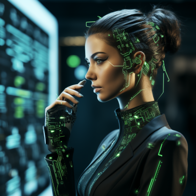 Sophisticated AI assistant analyzing data on a futuristic computer setup.