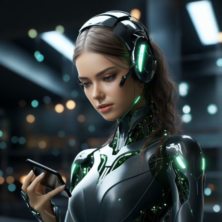Humanoid chatbot working on a cellphone communicating with customers.