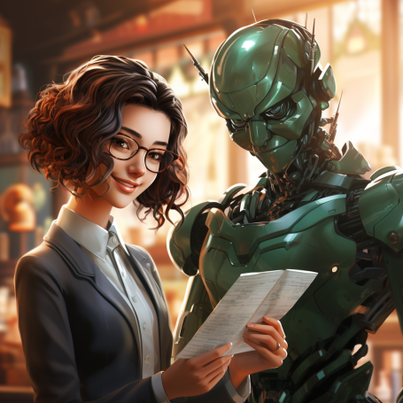 Advanced robotic insurance agent discussing plans with a client.