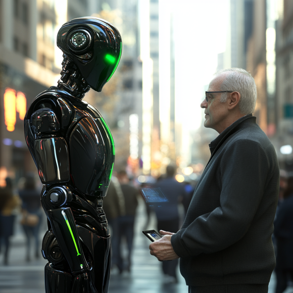 AI humanoid robot assisting resident with parking bylaws.