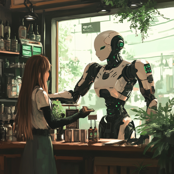 Humanoid AI assisting with product recommendations in retail