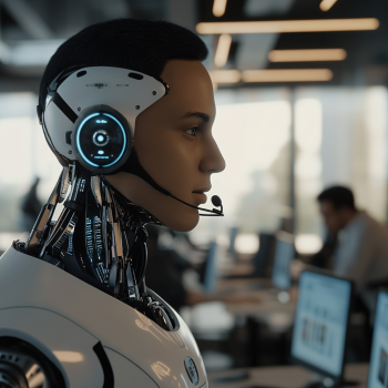 AI-powered humanoid assisting a customer while reviewing data on a screen