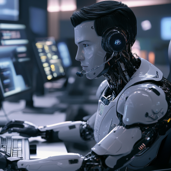 Lifelike humanoid AI android providing seamless customer service in an office