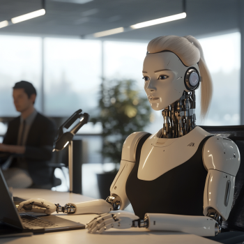 AI-powered robot presenting customer service analytics to a business team