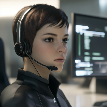 Modern-day office with a highly realistic female android answering phone inquiries