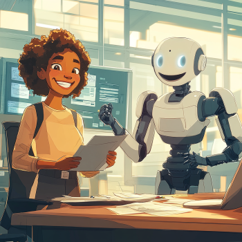An AI-powered robot helping humans streamline office work.