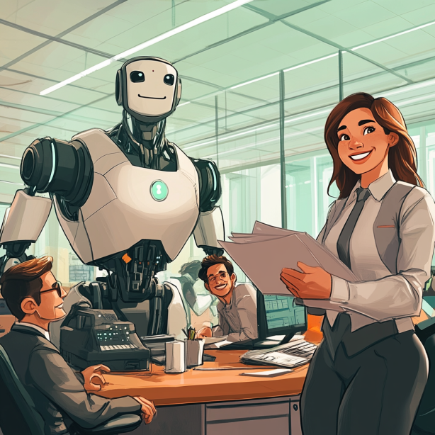 An animated office setting showing AI assisting human customer service agents
