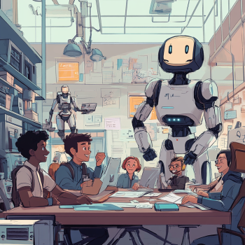 A playful depiction of robots and humans working together in a tech-savvy office.