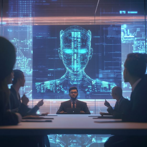 A boardroom where AI tools present data analytics to a human team.
