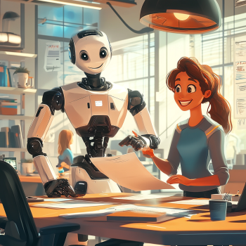 A human and AI robot side by side in a professional workspace.