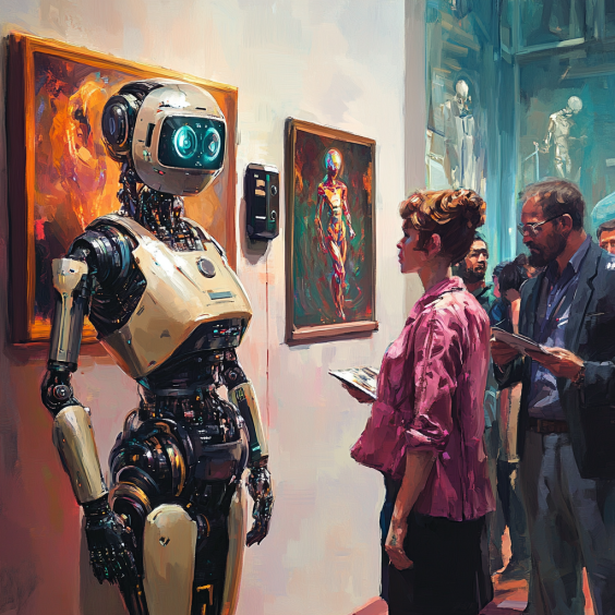 A gallery visitor contemplating a piece of AI-generated digital artwork.