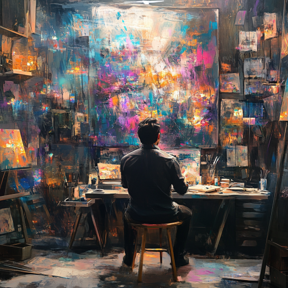 An artist’s studio where AI tools and human techniques combine.