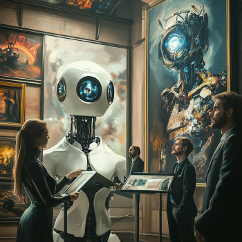 A gallery scene where visitors view and discuss AI-generated art.