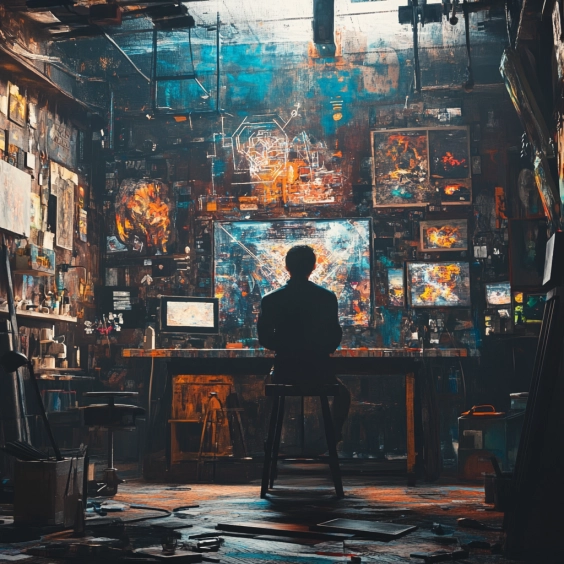 A modern artist’s studio showing a blend of human and AI-created designs.