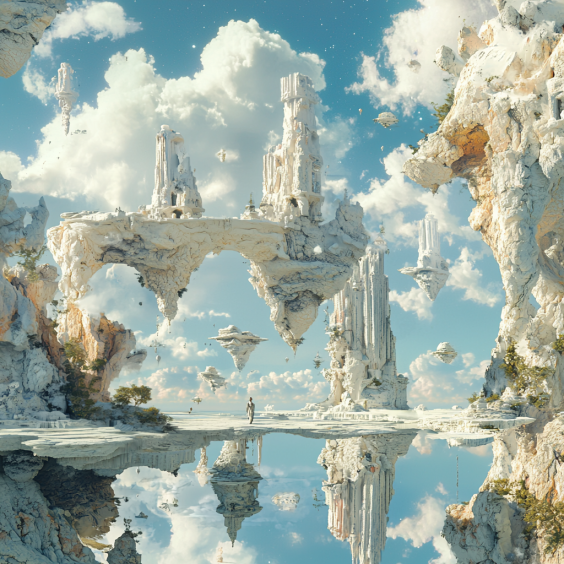 A dreamlike image of AI-created landscapes blending with human elements.