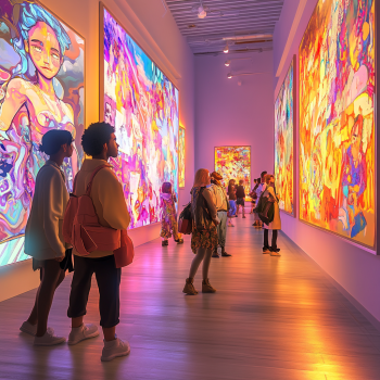 A futuristic art gallery featuring AI-generated and human-made artwork.