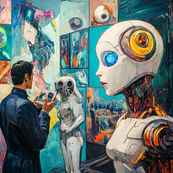 A human contemplating AI-generated art floating in a futuristic gallery.