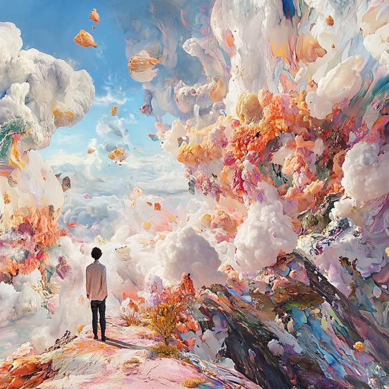 A surreal landscape showcasing both AI-generated and hand-painted art.