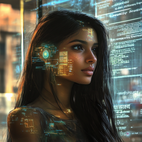 A Hindi-speaking AI chatbot assisting a customer in a high-tech retail store.