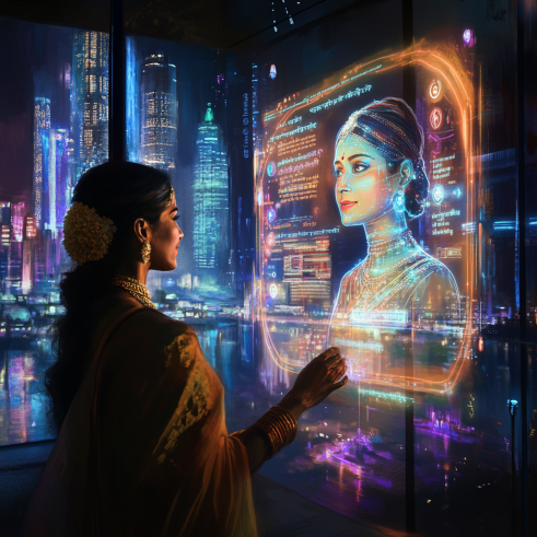 A woman using a public AI information kiosk that provides services in Hindi.