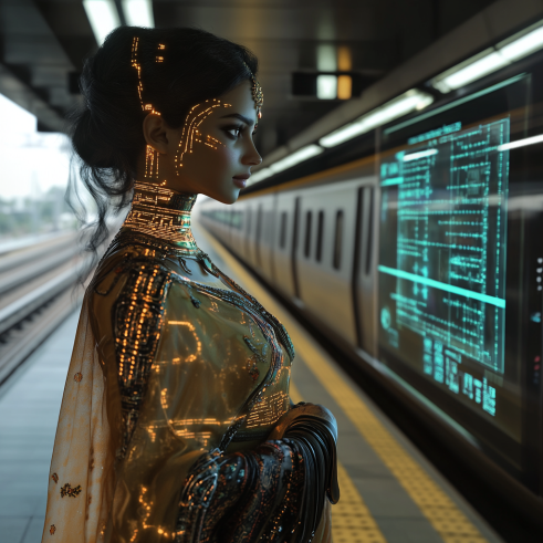 A digital artwork of a Hindi-speaking AI guiding a rider through a futuristic subway system.
