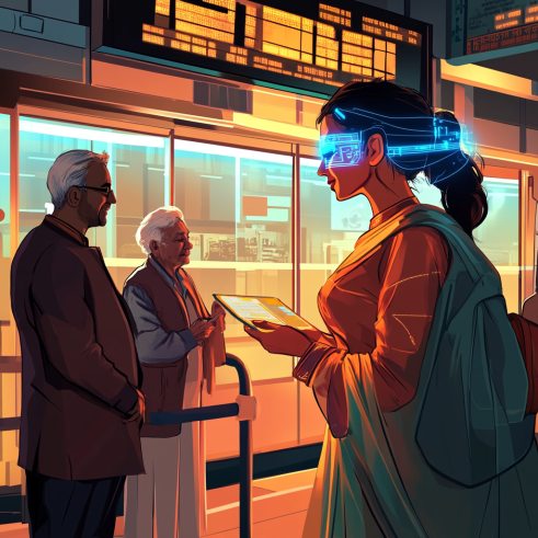 A stylized artwork of a digital assistant helping an immigrant understand local services.