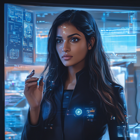 A futuristic municipal office where a Hindi-speaking AI assistant is guiding a citizen.