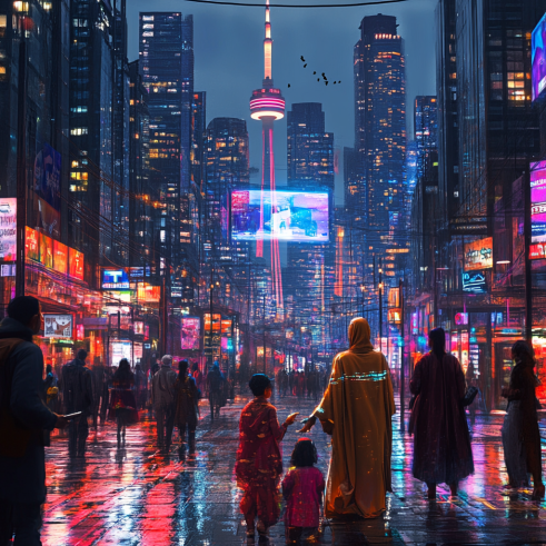 A bustling smart city where multilingual AI kiosks offer Hindi language support.