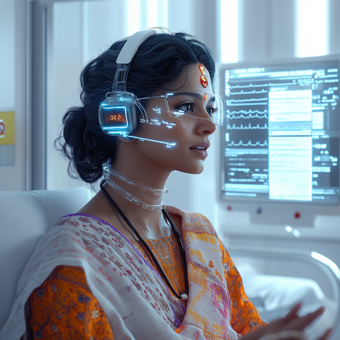 A young immigrant using a Hindi-speaking AI chatbot to check train schedules.