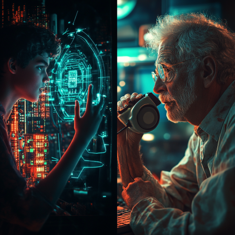 Young Man Adopting AI Technology Faster than Old Man